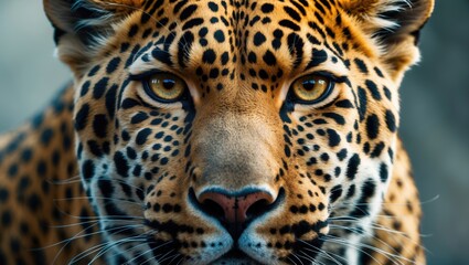 Obraz premium Close-up of a jaguar's face with detailed markings and intense eyes. Wild animal imagery. The focus on the jaguar's face.