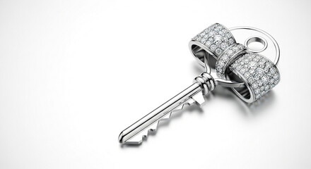 Diamond Key Jewelry on White Background. Elegant Luxury Key Close-up. Success, New Beginnings, Opportunities, Wealth Concepts