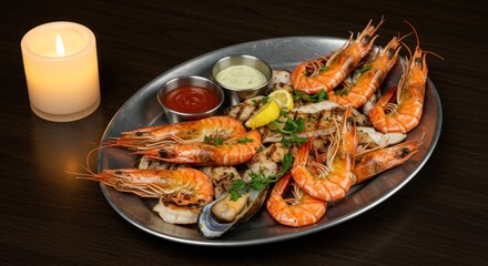 A silver platter holds grilled seafood shrimp fish a mussel lemon  parsley Sauces  a lit candle are beside the plate on a dark wooden surface