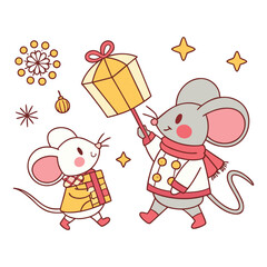 Funny baby cartoon illustration of a bear and a dog with a toy sitting near a Christmas gift box