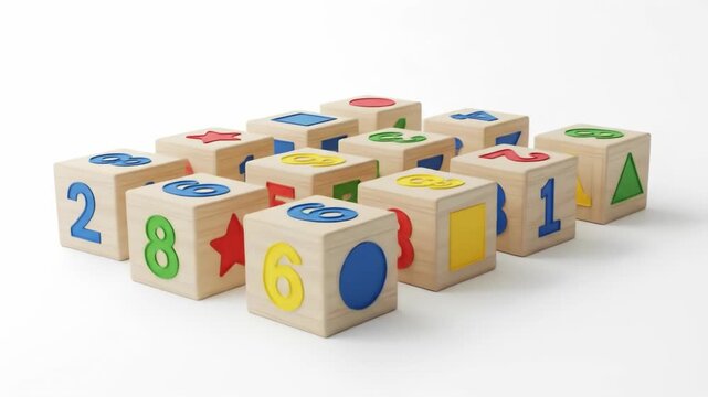 A collection of wooden blocks, each displaying a number or shape in various colors on a white backdrop, arranged together