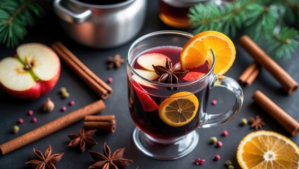 Warm drink with apple slices, orange, and spices in a glass mug. Christmas and holiday beverage, cozy drink, spices, and fruit. The concept of seasonal drinks and festive flavors.