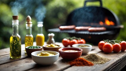 Fototapeta premium Fresh ingredients and spices arranged on a wooden table in front of a barbecue grill, ready for cooking.