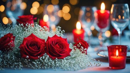Obraz premium Red roses and candles on a table, festive and romantic setting.