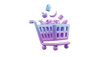 Shopping cart with produce, milk, and bread