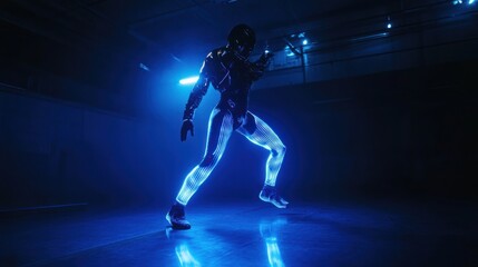A futuristic dancer in vibrant neon blue light.  Dynamic pose, showcasing athleticism and movement against a dark background