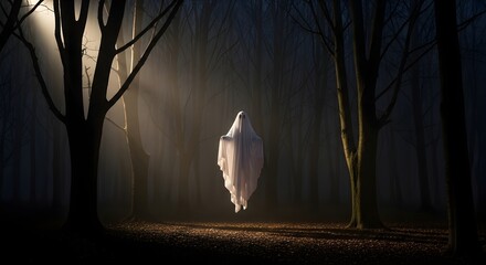 A spectral figure floats eerily through a dark, misty forest illuminated by a spotlight.