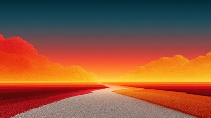 Vibrant sunset over a winding white road through vivid red and orange landscape