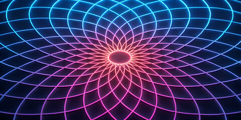 Glowing neon circle mesh abstract pattern in futuristic colorful design