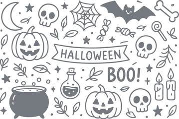 Halloween Doodle Vector Pattern with Pumpkins, Skulls, and Spooky Elements