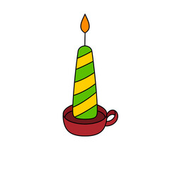 A green and yellow candle with a yellow stripe on it is lit