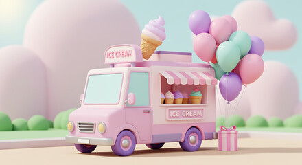 Whimsical pink ice cream truck with colorful balloons in a dreamy pastel landscape