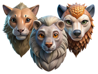 Stylized 3D Animal Heads: Lion, Wolf, Owl Characters