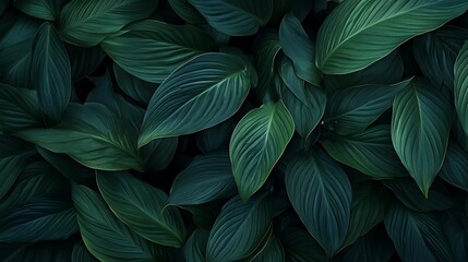 Dense arrangement of dark green tropical leaves with subtle light highlights foliage photo