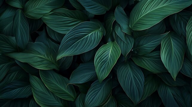 Dense arrangement of dark green tropical leaves with subtle light highlights foliage photo - Powered by Adobe