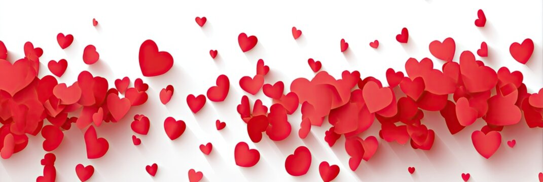 A generous abundance of red paper hearts, arranged in a horizontal pattern against a white background, creates a lovely and romantic design.