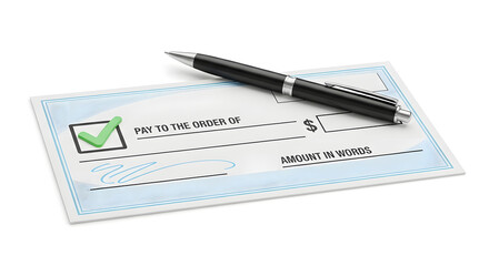 Blank check with pen isolated on white background ready to be filled out