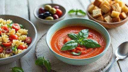 Colorful pasta salad, fresh green basil, tomato soup, bread cubes, and olives on a rustic table.