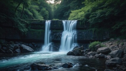 Fototapeta premium A waterfall in a lush green forest with flowing water and rocks, capturing a peaceful natural scene.