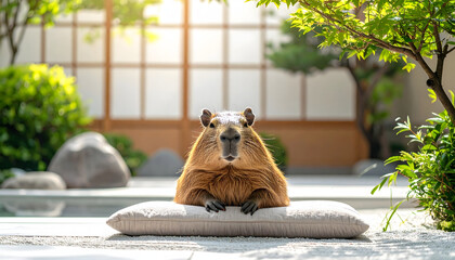 A Calm Capybara Sits on a Cushion in a Serene Zen Garden. Peaceful and Tranquil Scene
