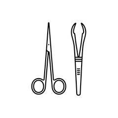 Minimalist Line Art Illustration of Surgical Instruments Scissors and Forceps for Medical or Veterinary Use in Clean White Background
