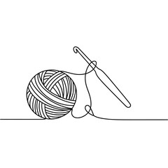 Continuous line drawing of a yarn ball and crochet hook representing crafting hobbies and creative activities ideal for textile arts projects