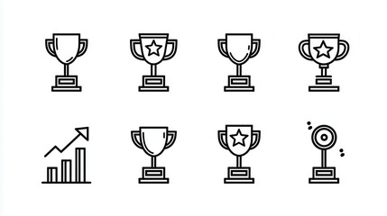 Collection of minimalist line art trophies and a rising bar graph icon on a white background
