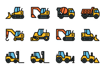 Variety of Construction Vehicles Icons Illustration for Building Projects and Transportation Equipment Conceptual Design Element