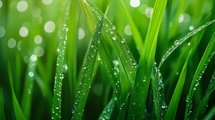 Detailed view of wet green grass blades with morning dew and bokeh water drops photo