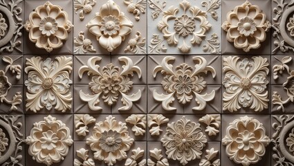Decorative floral tile pattern with intricate carved designs and a neutral color palette.