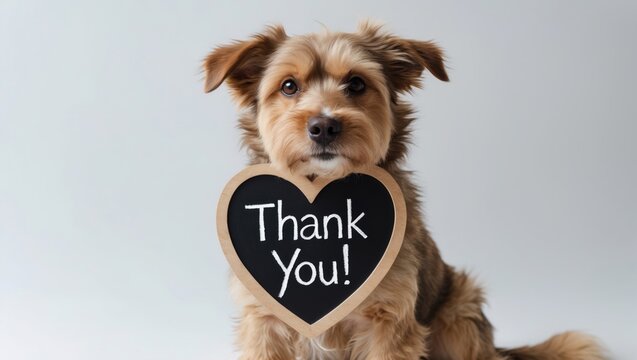 A cute dog holding a heart-shaped chalkboard with "Thank You!" written on it.