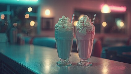 Two milkshake glasses in a diner