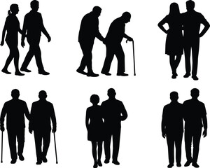 Couple silhouettes walking together, elderly people with cane, senior companionship vector, man and woman relationship icons, family care support illustration set
