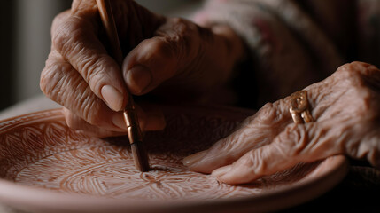 Obraz premium close-up of aged hands painting tiny details on handmade ceramic plate, 