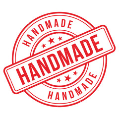 Red neon 'handmade' stamp glowing isolated on transparent background