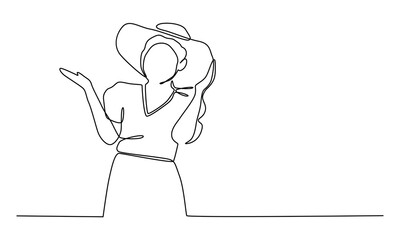 Continuous line art or One Line art of a woman wearing a hat linear style and Hand drawn vector illustrations.