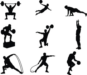 Fitness and sports silhouettes vector set, athletes training illustration, weightlifting, rope exercise, basketball, push ups, gym workout, competitive sport design