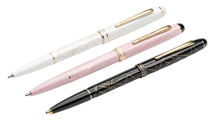 Fototapeta premium Three pens white pink black gold accents floral pattern isolated on a transparent background