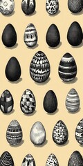 Collection of intricately patterned hand drawn Easter eggs in black and white sketches