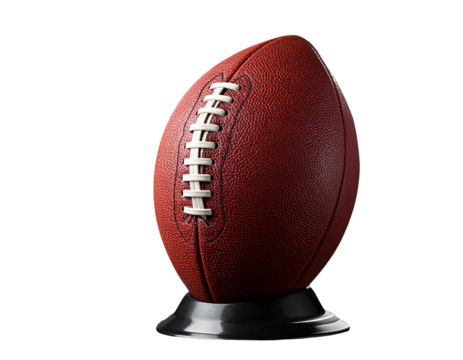  Classic brown rugby ball on black kicking tee training setup isolated on transparent background PNG - Powered by Adobe
