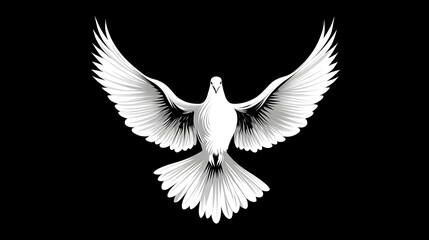 Obraz premium Vector illustration of dove with spread wings in white on black background, peace symbol or spiritual sign, suitable as decorative design element or for print, flat style vector logo concept of open-w