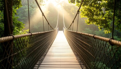 Fototapeta premium Walking Across a Suspension Bridge in a Forest with Sun Rays
