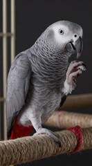 Fototapeta premium A gray parrot stands tall on a textured perch, raising a foot in a playful gesture. Red tail feathers contrast against the muted background