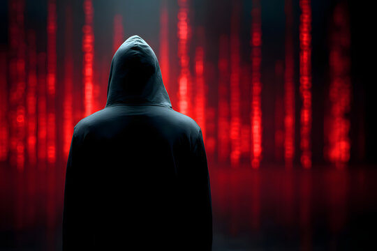 A hooded figure stands before a screen displaying re data streams, symbolizingcybercrime and hacking. - Powered by Adobe