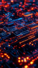 Obraz premium Futuristic glowing circuit board with red and blue illuminated pathways and chips photo