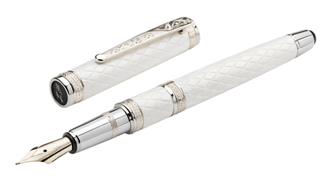 White fountain pen with silver accents and textured barrel isolated on a transparent background