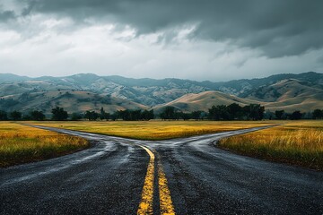Naklejka premium Rainy scene with intersecting country roads and grey sky 