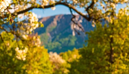 Blurry springtime mountain view through blossoming trees