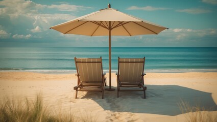 Beach scene with two chairs and an umbrella overlooking the sea on a sunny day. Relaxation, vacation, and leisure. The concept of seaside tranquility and comfort.