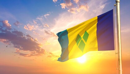 Guyana national flag waving at sunrise or sunset, glowing with warm light and symbolic strength against a radiant sky.